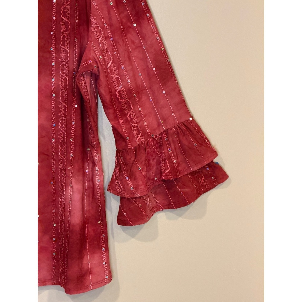 Coral Bay Womens Blouse Red Medium Sequin Ruffle Sleeve Tie Dye Top - Picture 5 of 8